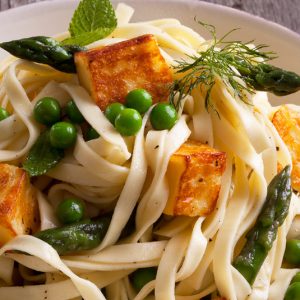 Pea Asparagus and Haloumi Tagliatelli